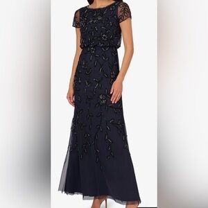 Adrianna Papell Blouson Beaded Navy Maxi Dress
